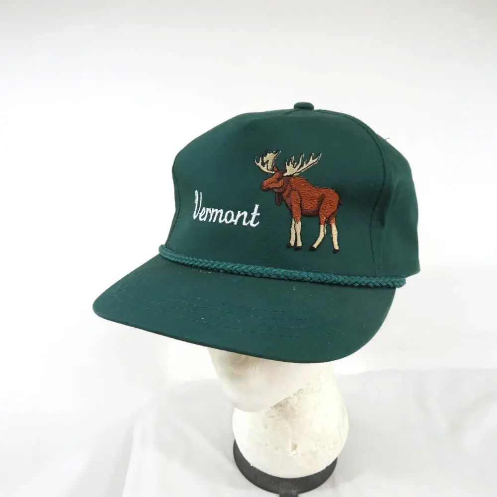 Vermont Moose Hat Trucker Rope Cap Green White Yupoong Adjustable Strap Back 90s